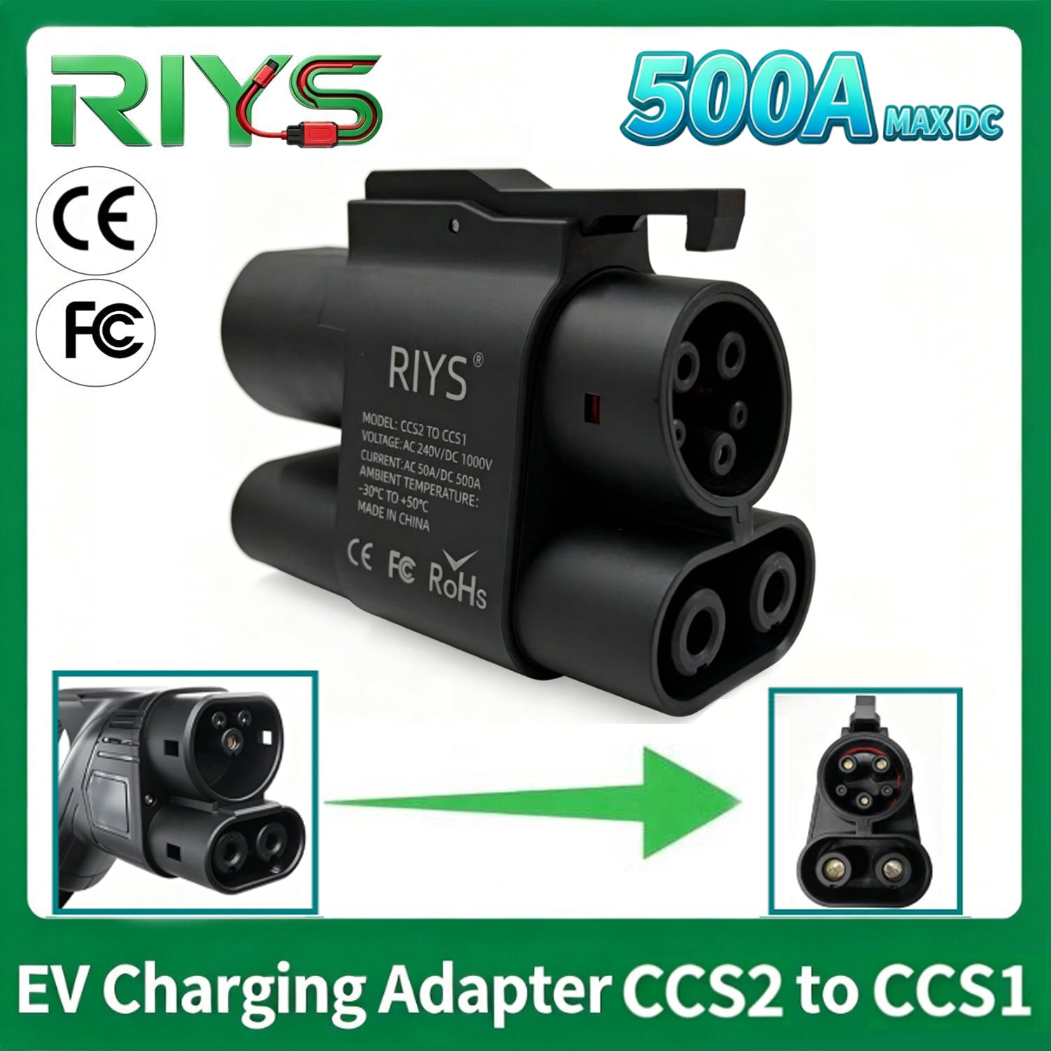 RIYS CCS2 to CCS1 EV Charging Adapter | AC+DC 500A Max Fast Charger