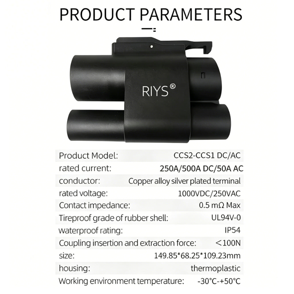 RIYS CCS2 to CCS1 EV Charging Adapter | AC+DC 500A Max Fast Charger