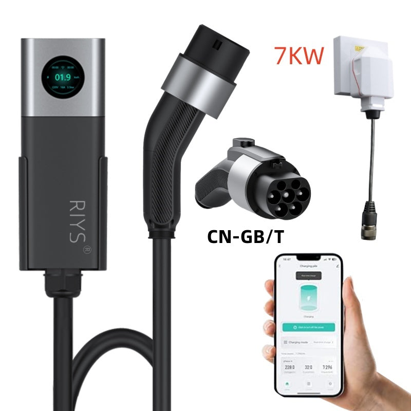 RIYS GBT EV Charger, WIFI APP Control, 32 A, 7kW, GBT, 7 m Cable, Type 2, portable charging box set, charging and DelayTime for EV-A
