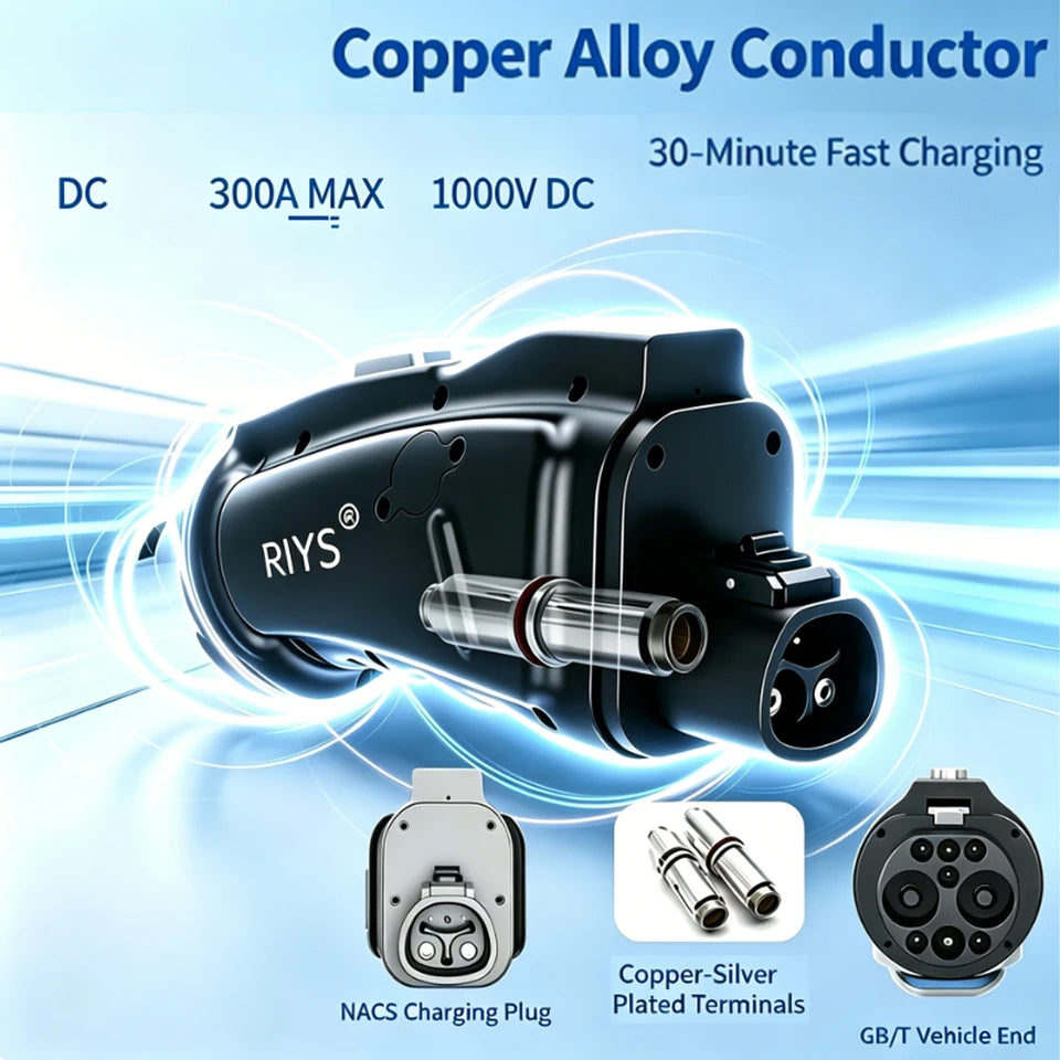 RIYS NACS‑GB/T EV Adapter 300A 300KW for Tesla Chinese Vehicles